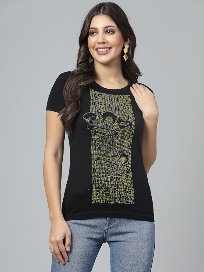 T-Shirt Half Sleeves  Round Neck Design Front Panel Bouquet Stone Crystal Work Color Black Size (S-4XL) - Image 6