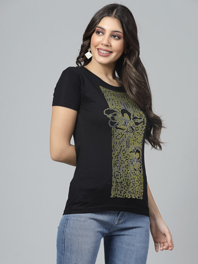 T-Shirt Half Sleeves  Round Neck Design Front Panel Bouquet Stone Crystal Work Color Black Size (S-4XL) - Image 4