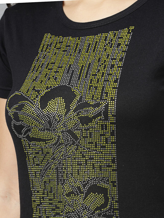 T-Shirt Half Sleeves  Round Neck Design Front Panel Bouquet Stone Crystal Work Color Black Size (S-4XL) - Image 2