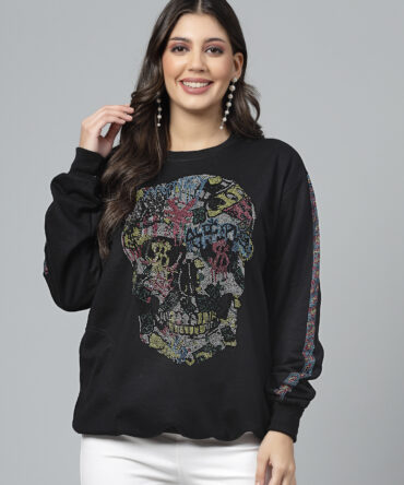 Sweatshirt Winter wea Soft Fleece with Multi Skull with Stripes on Sleeves hot fix, Heat Pressed, Sparkle Crystal Work