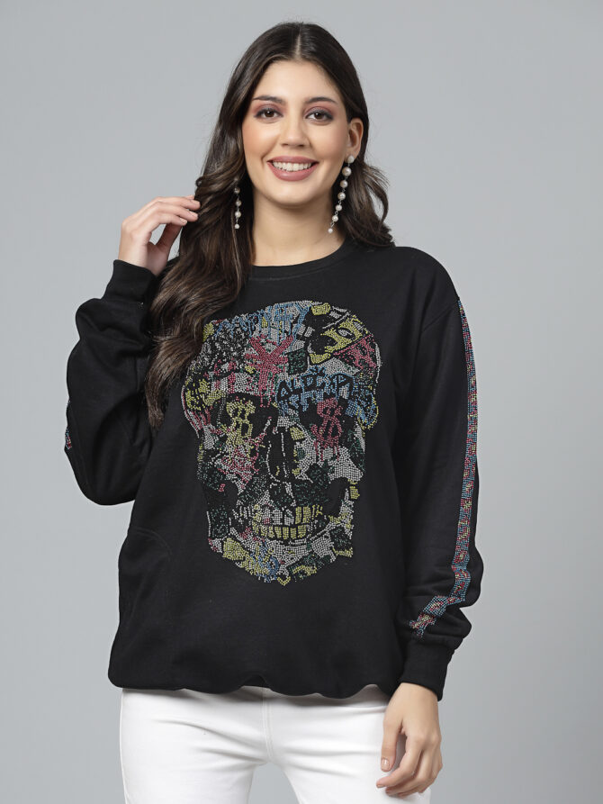 Sweatshirt Winter wea Soft Fleece with Multi Skull with Stripes on Sleeves hot fix, Heat Pressed, Sparkle Crystal Work