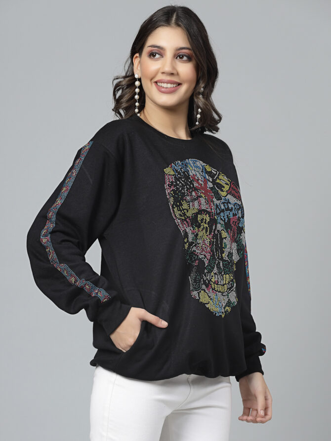 Sweatshirt Winter wea Soft Fleece with Multi Skull with Stripes on Sleeves hot fix, Heat Pressed, Sparkle Crystal Work - Image 5