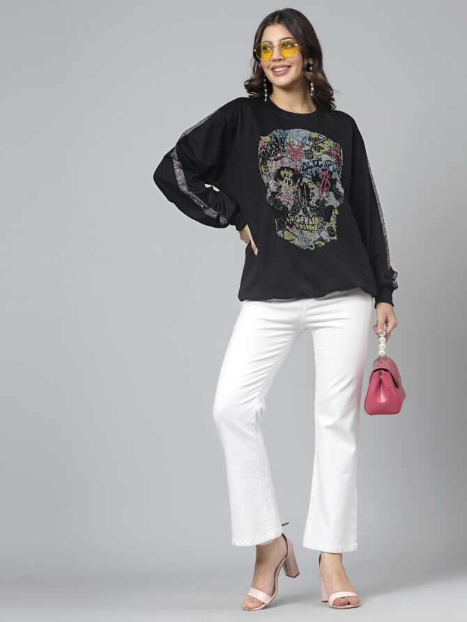 Sweatshirt Winter wea Soft Fleece with Multi Skull with Stripes on Sleeves hot fix, Heat Pressed, Sparkle Crystal Work - Image 7