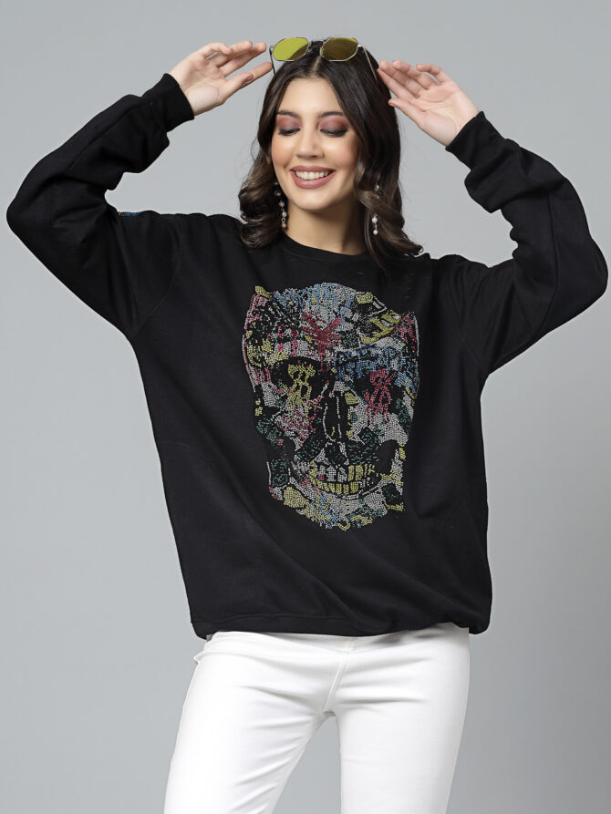 Sweatshirt Winter wea Soft Fleece with Multi Skull with Stripes on Sleeves hot fix, Heat Pressed, Sparkle Crystal Work - Image 3