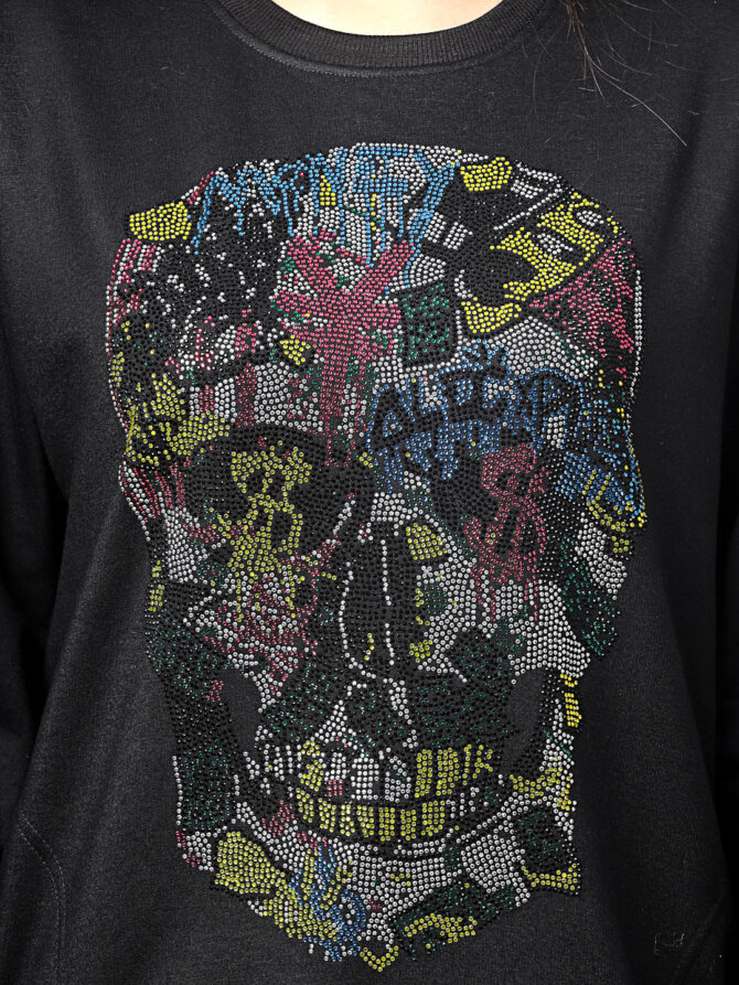 Sweatshirt Winter wea Soft Fleece with Multi Skull with Stripes on Sleeves hot fix, Heat Pressed, Sparkle Crystal Work - Image 2