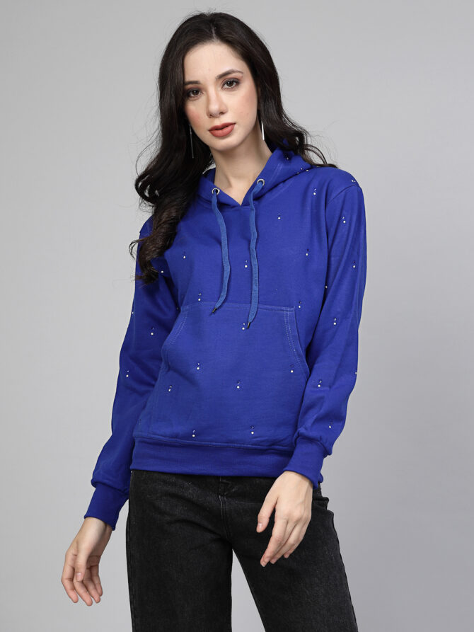 Hoodie Winter Wear Crystal Work Design Pearl and stone dots spread Color Royal Blue  Size (S-3XL) - Image 4