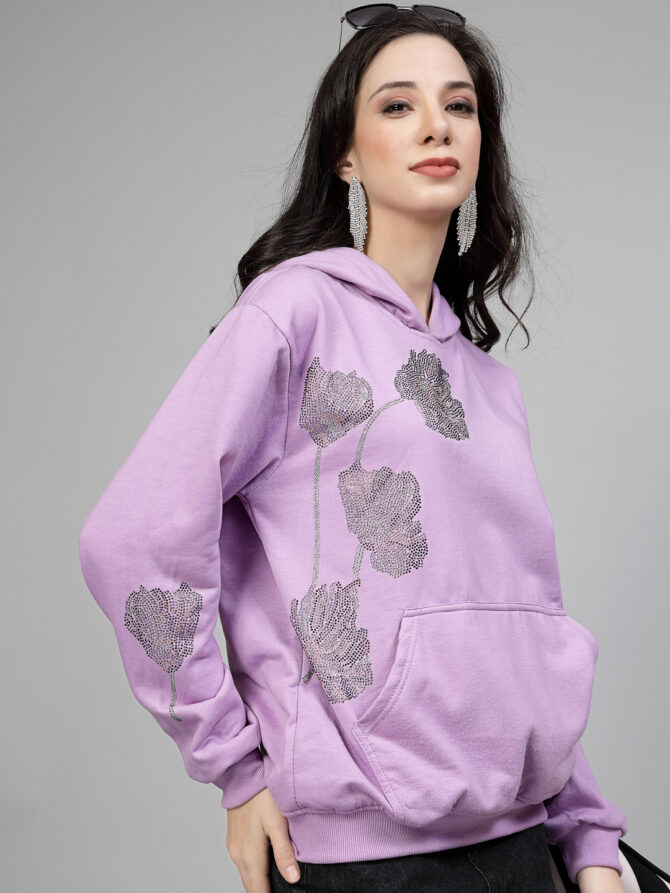 Hoodie Winter Wear Crystal Work Design Multi Color flower Color Lavender  Size (S-3XL)
