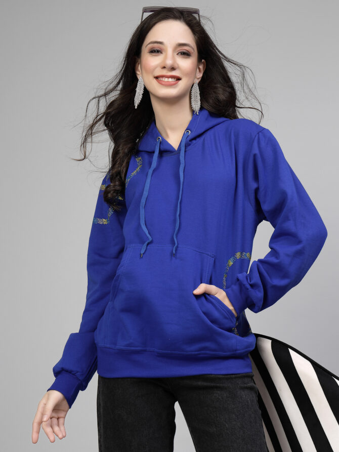 Hoodie Winter Wear Crystal Work Design Three Circles Color Royal Blue  Size (S-3XL) - Image 4