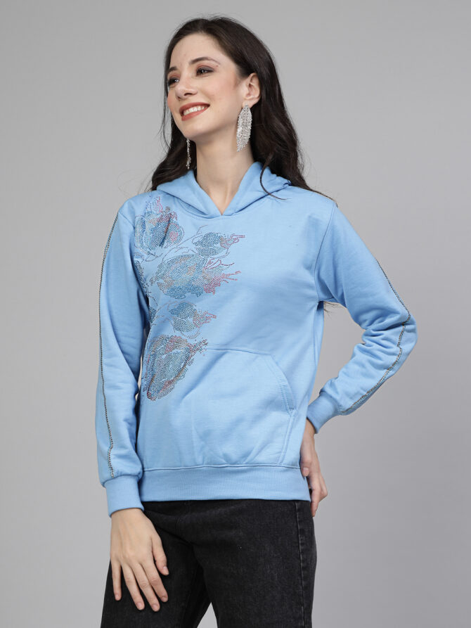 Hoodie Winter Wear Crystal Work Design Multi color stone flower on side Color Light Blue  Size (S-3XL) - Image 5
