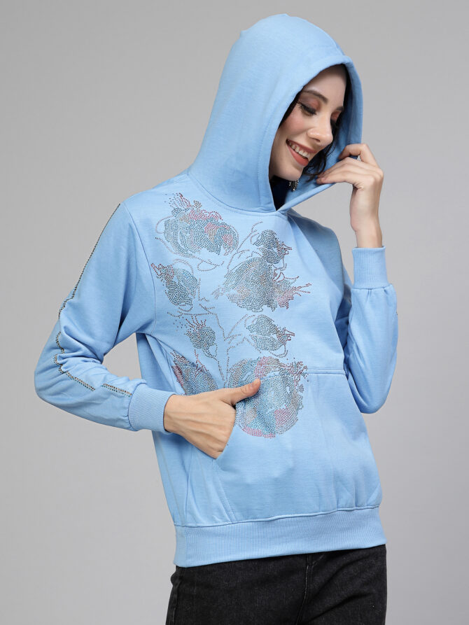 Hoodie Winter Wear Crystal Work Design Multi color stone flower on side Color Light Blue  Size (S-3XL)