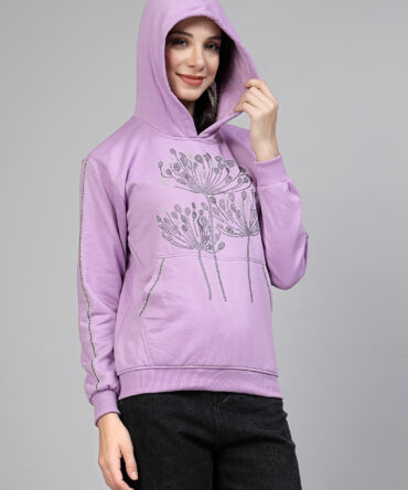 Hoodie Winter Wear Crystal Work Design Flame Flower Color Lavender Size (S-3XL)