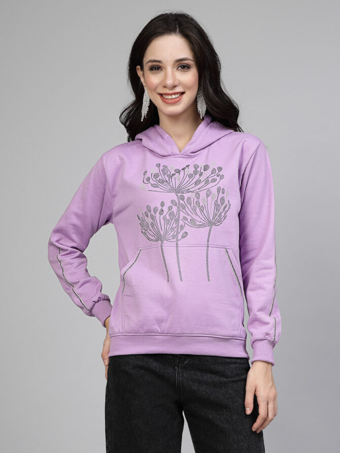 Hoodie Winter Wear Crystal Work Design Flame Flower Color Lavender Size (S-3XL) - Image 6