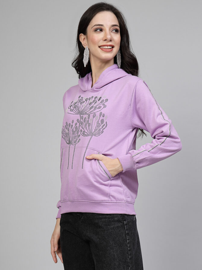 Hoodie Winter Wear Crystal Work Design Flame Flower Color Lavender Size (S-3XL) - Image 5