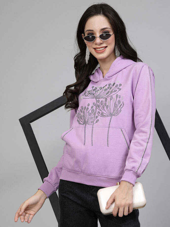 Hoodie Winter Wear Crystal Work Design Flame Flower Color Lavender Size (S-3XL) - Image 3