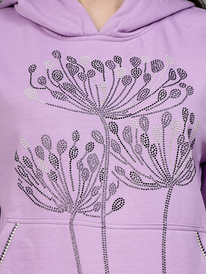 Hoodie Winter Wear Crystal Work Design Flame Flower Color Lavender Size (S-3XL) - Image 2