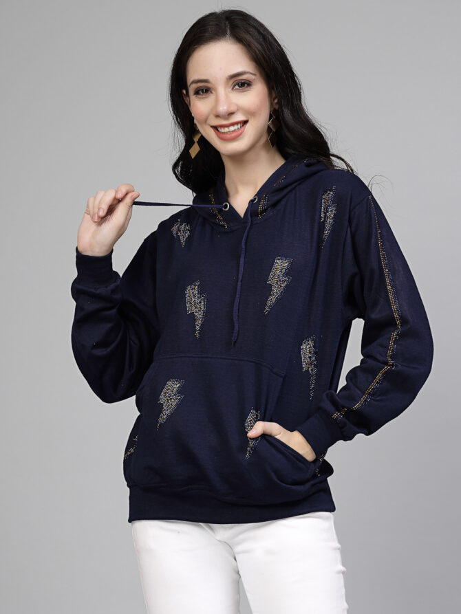 Hoodie Winter Wear Crystal Work Design Lightning Color Navy Blue Size (S-3XL) - Image 5