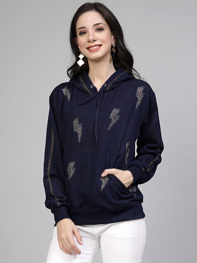 Hoodie Winter Wear Crystal Work Design Lightning Color Navy Blue Size (S-3XL) - Image 4