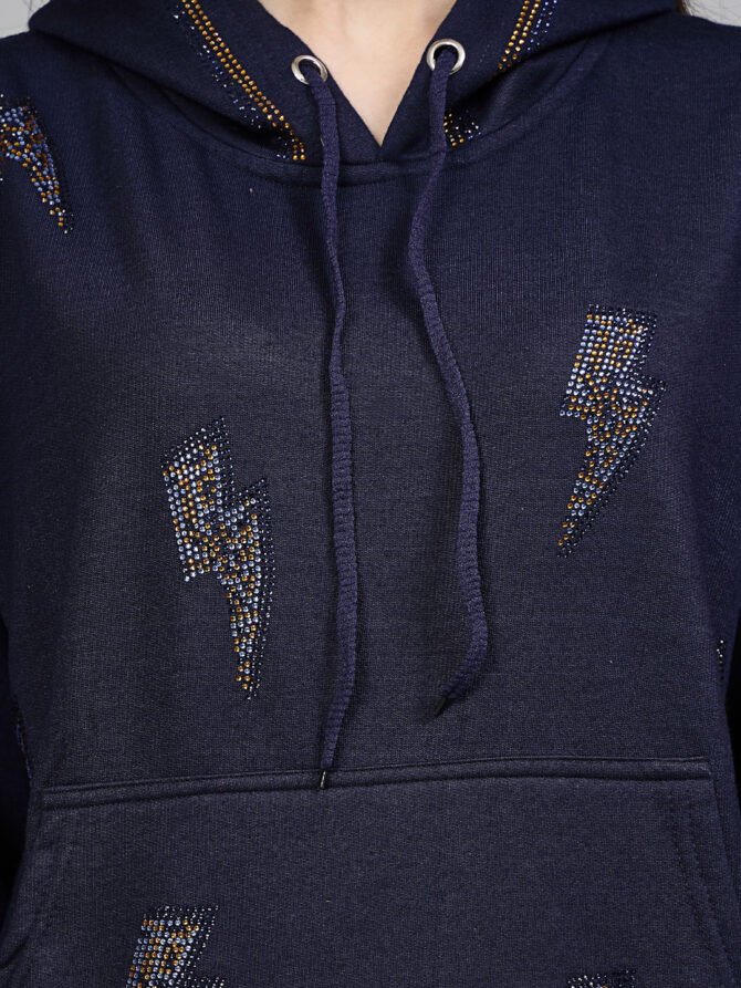 Hoodie Winter Wear Crystal Work Design Lightning Color Navy Blue Size (S-3XL) - Image 2