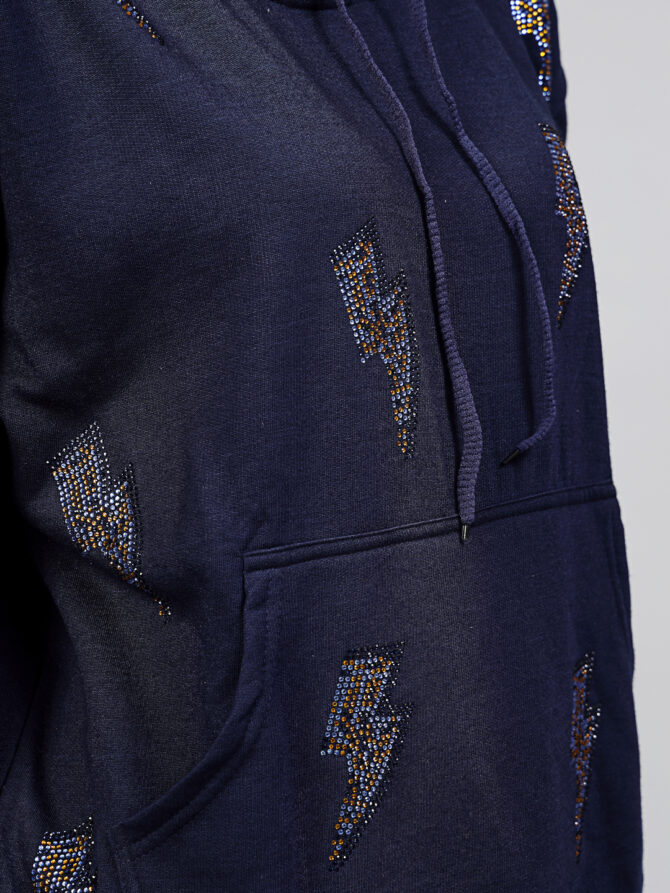 Hoodie Winter Wear Crystal Work Design Lightning Color Navy Blue Size (S-3XL) - Image 3