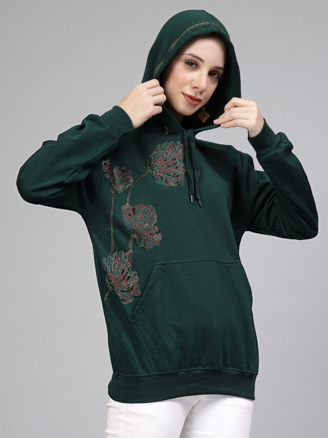 Hoodie Winter wear Crystal Work Design Multicolored flowers on side Color Dark Green Size (S-3XL)