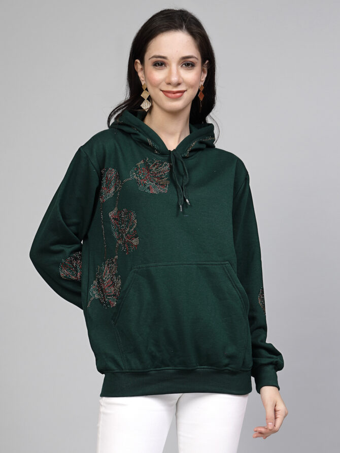Hoodie Winter wear Crystal Work Design Multicolored flowers on side Color Dark Green Size (S-3XL) - Image 5