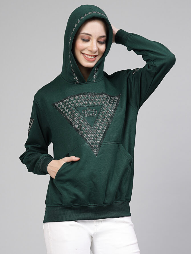 Hoodie Winter wear Crystal Work Design Diamond Color Dark Green Size (S-3XL) - Image 6