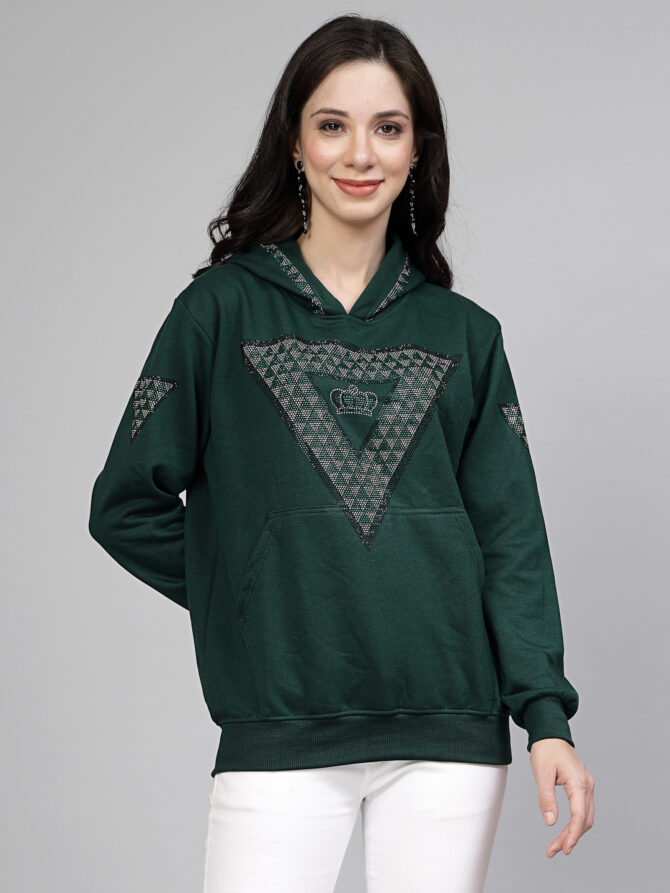 Hoodie Winter wear Crystal Work Design Diamond Color Dark Green Size (S-3XL) - Image 5