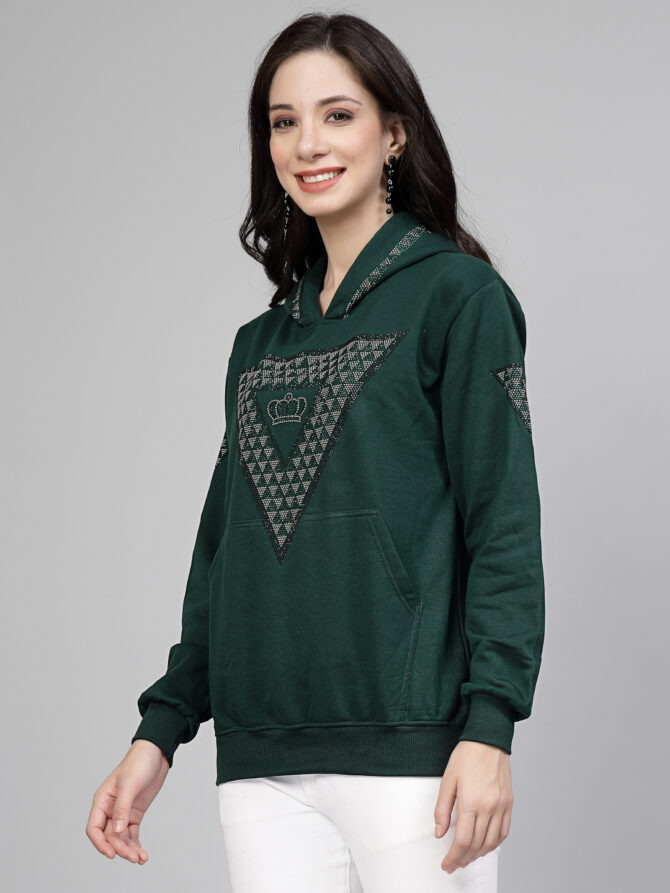 Hoodie Winter wear Crystal Work Design Diamond Color Dark Green Size (S-3XL) - Image 4