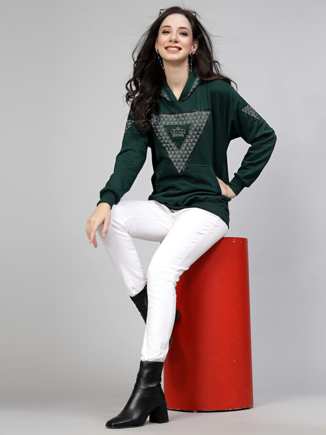 Hoodie Winter wear Crystal Work Design Diamond Color Dark Green Size (S-3XL) - Image 3
