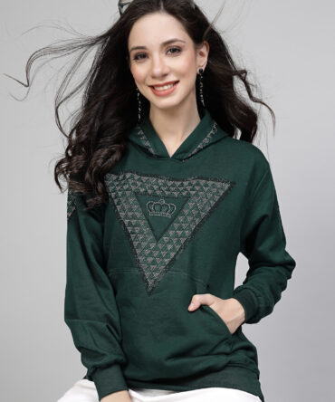 Hoodie Winter wear Crystal Work Design Diamond Color Dark Green Size (S-3XL)