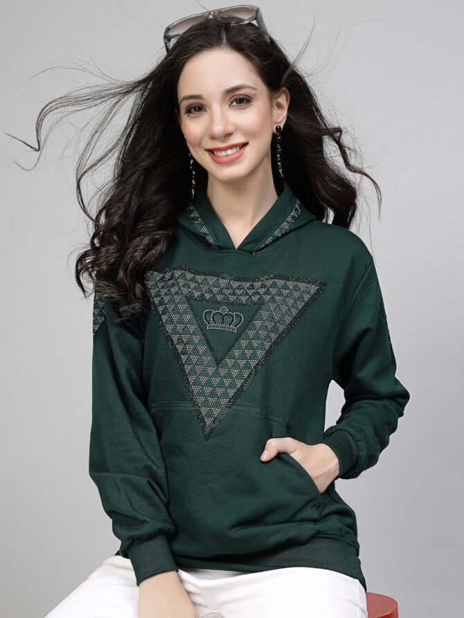 Hoodie Winter wear Crystal Work Design Diamond Color Dark Green Size (S-3XL)