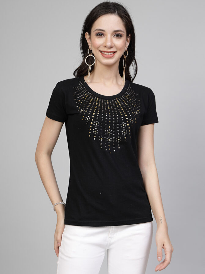 T-Shirt Half Sleeves  Round Neck Design Metal Necklace Stone Crystal Work  Color Black Size (S-4XL)