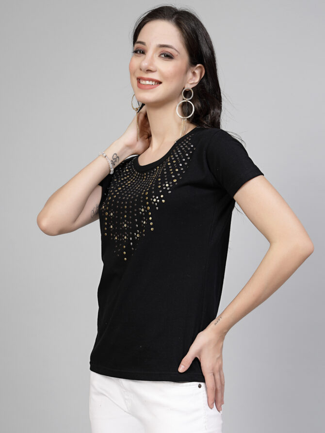 T-Shirt Half Sleeves  Round Neck Design Metal Necklace Stone Crystal Work  Color Black Size (S-4XL) - Image 5