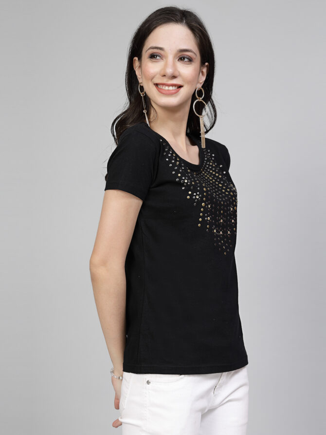 T-Shirt Half Sleeves  Round Neck Design Metal Necklace Stone Crystal Work  Color Black Size (S-4XL) - Image 4