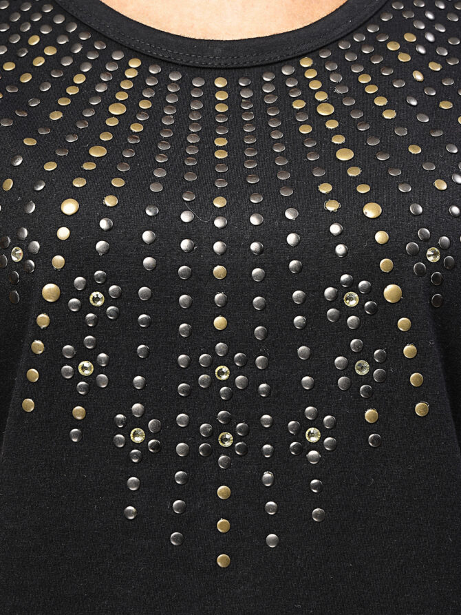 T-Shirt Half Sleeves  Round Neck Design Metal Necklace Stone Crystal Work  Color Black Size (S-4XL) - Image 2