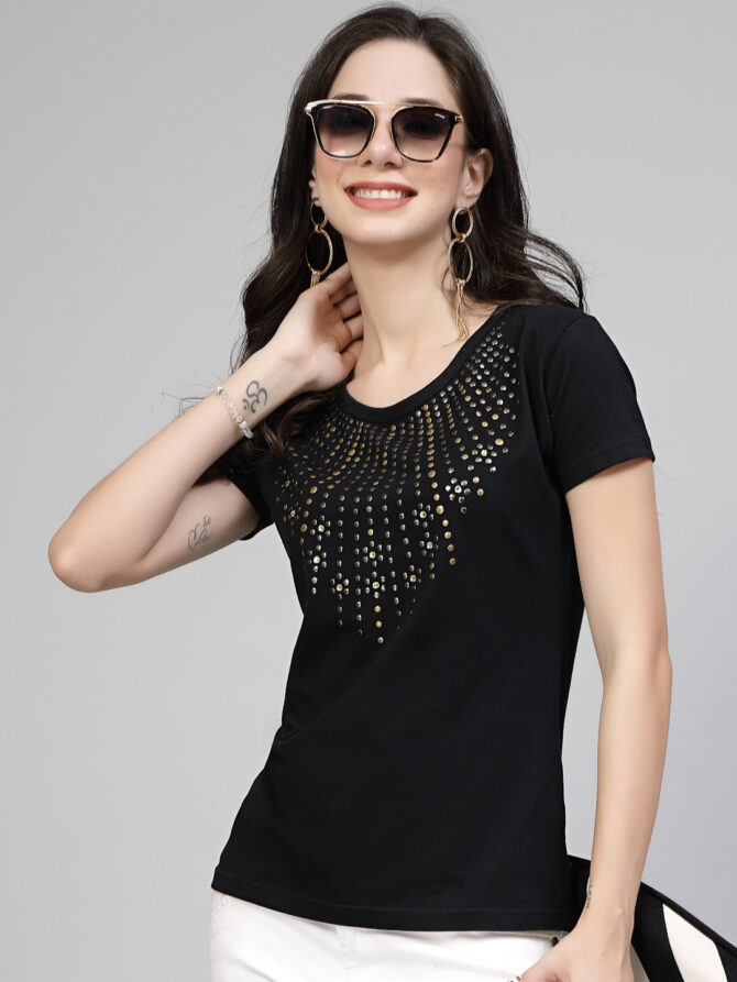 T-Shirt Half Sleeves  Round Neck Design Metal Necklace Stone Crystal Work  Color Black Size (S-4XL) - Image 3