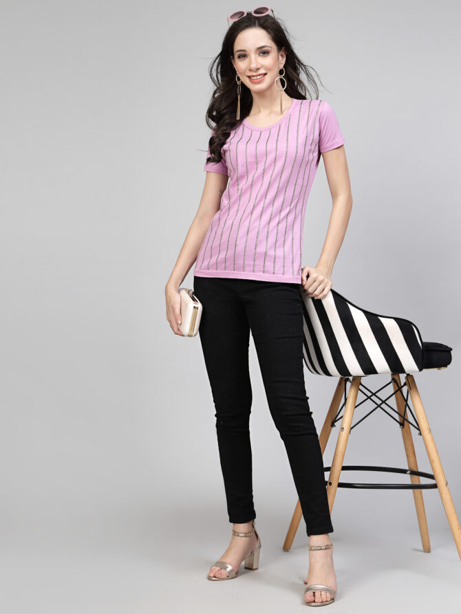 T-Shirt Half Sleeves Round Neck Design Twin Lines Color lavender Size (S-4XL) - Image 7