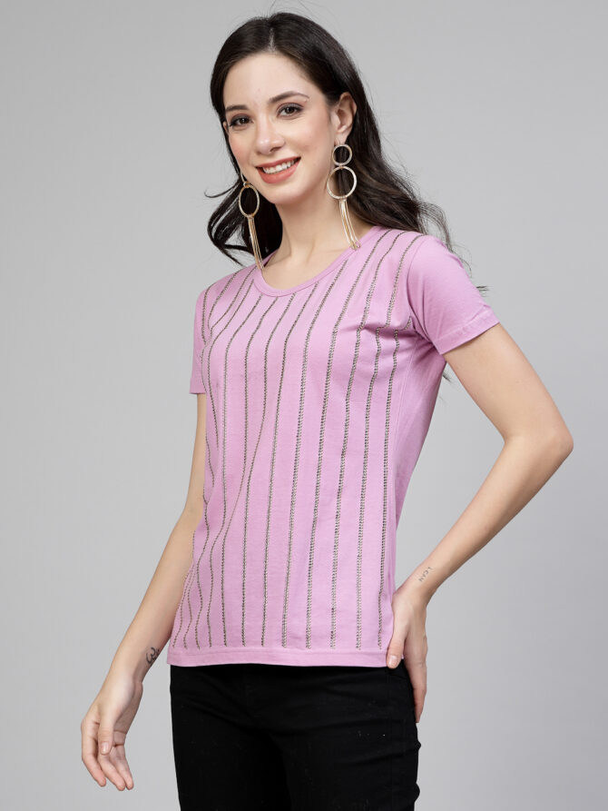 T-Shirt Half Sleeves Round Neck Design Twin Lines Color lavender Size (S-4XL) - Image 4