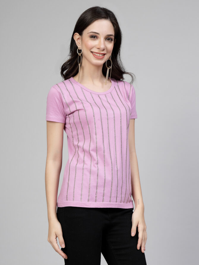 T-Shirt Half Sleeves Round Neck Design Twin Lines Color lavender Size (S-4XL) - Image 3