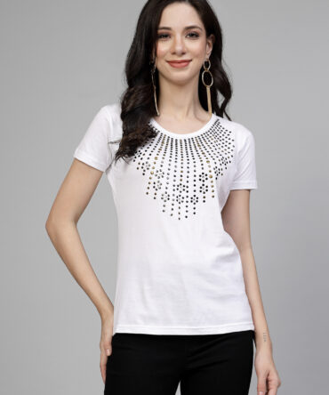 T-Shirt Half Sleeves Round Neck Design Metal Necklace Crystal Work Color White Size (S-4XL)