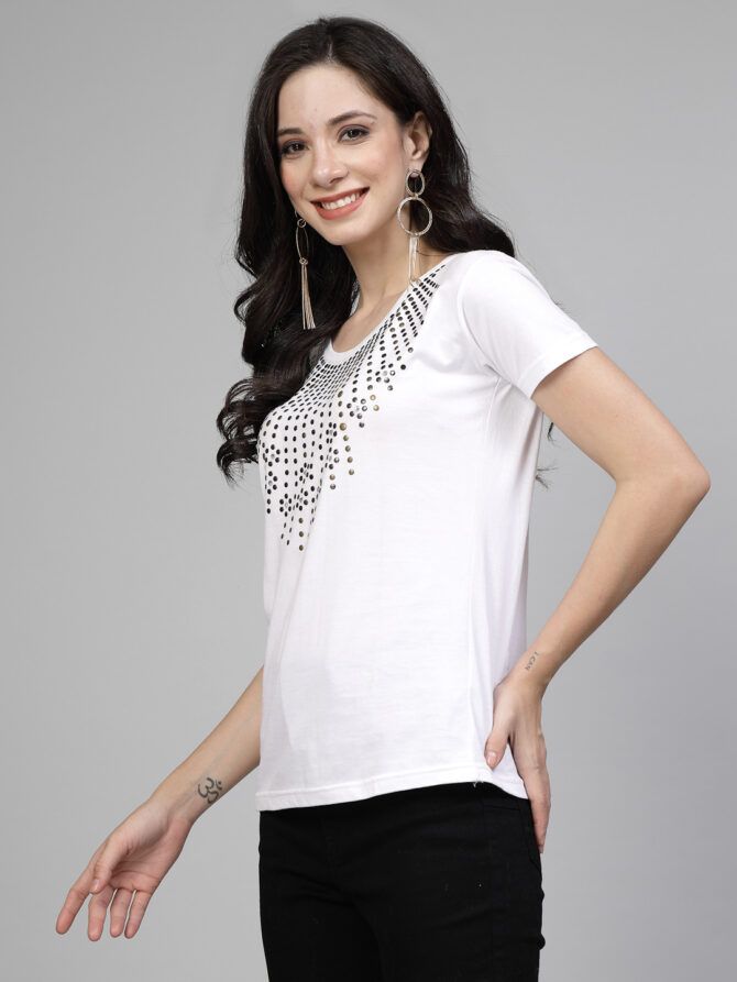 T-Shirt Half Sleeves Round Neck Design Metal Necklace Crystal Work Color White Size (S-4XL) - Image 4