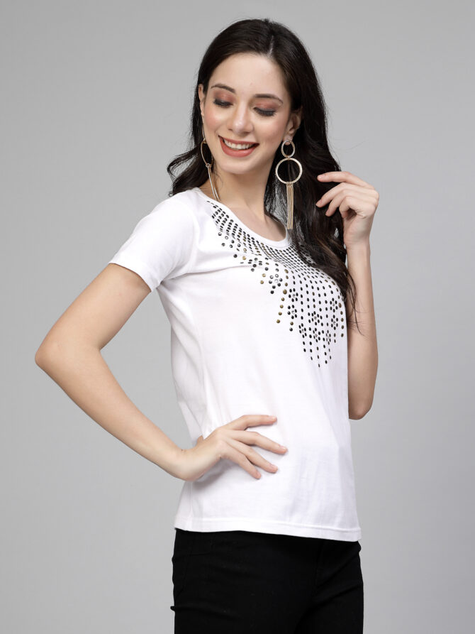 T-Shirt Half Sleeves Round Neck Design Metal Necklace Crystal Work Color White Size (S-4XL) - Image 3