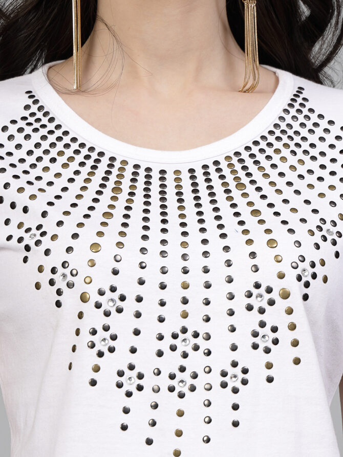 T-Shirt Half Sleeves Round Neck Design Metal Necklace Crystal Work Color White Size (S-4XL) - Image 2