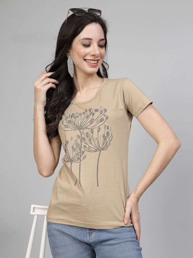 T-Shirt Half Sleeves Round Neck Design Flame Flower Stone Crystal Work Color Beige, Purple Size (S-4XL) - Image 4