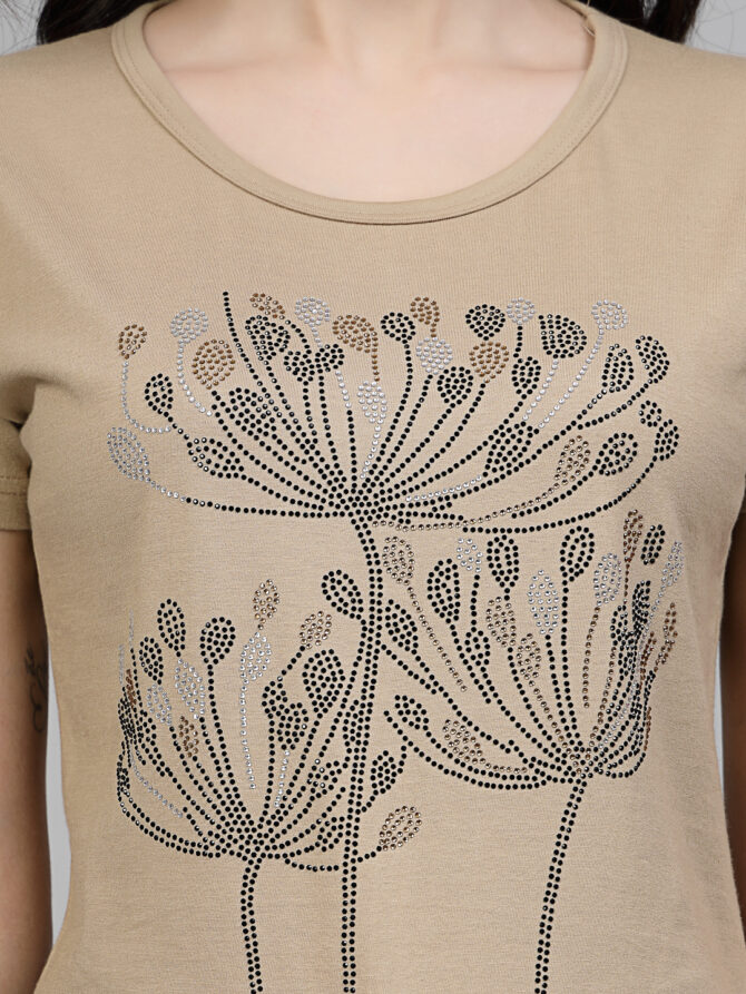 T-Shirt Half Sleeves Round Neck Design Flame Flower Stone Crystal Work Color Beige, Purple Size (S-4XL) - Image 3