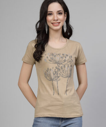 T-Shirt Half Sleeves Round Neck Design Flame Flower Stone Crystal Work Color Beige, Purple Size (S-4XL)