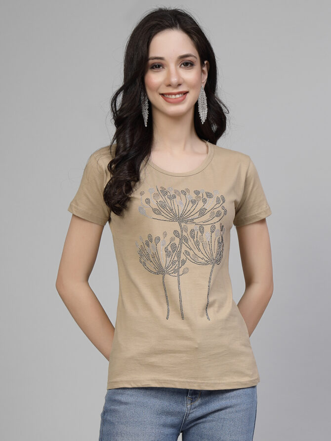 T-Shirt Half Sleeves Round Neck Design Flame Flower Stone Crystal Work Color Beige, Purple Size (S-4XL)