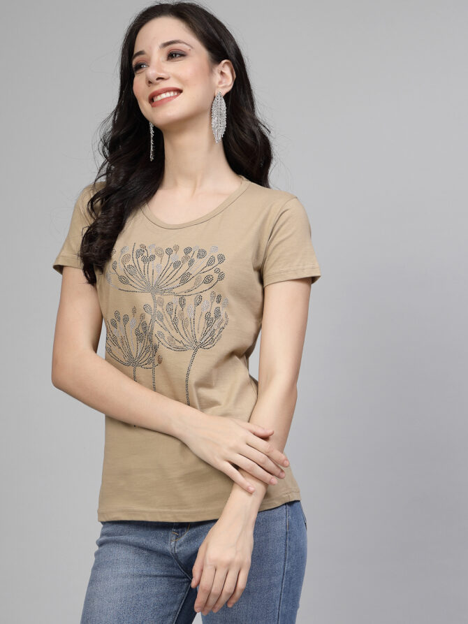 T-Shirt Half Sleeves Round Neck Design Flame Flower Stone Crystal Work Color Beige, Purple Size (S-4XL) - Image 5