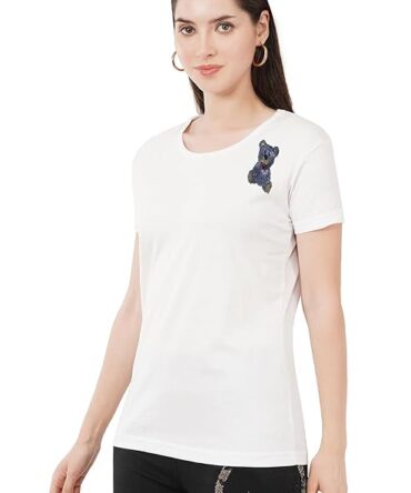 T-Shirt Half Sleeves Round Neck Design Teddy Bear Crystal Work Color  White Size (S-4XL)
