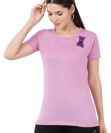T-Shirt Half Sleeves Round Neck Design Teddy Bear Crystal Work Color  Lavender Size (S-4XL)